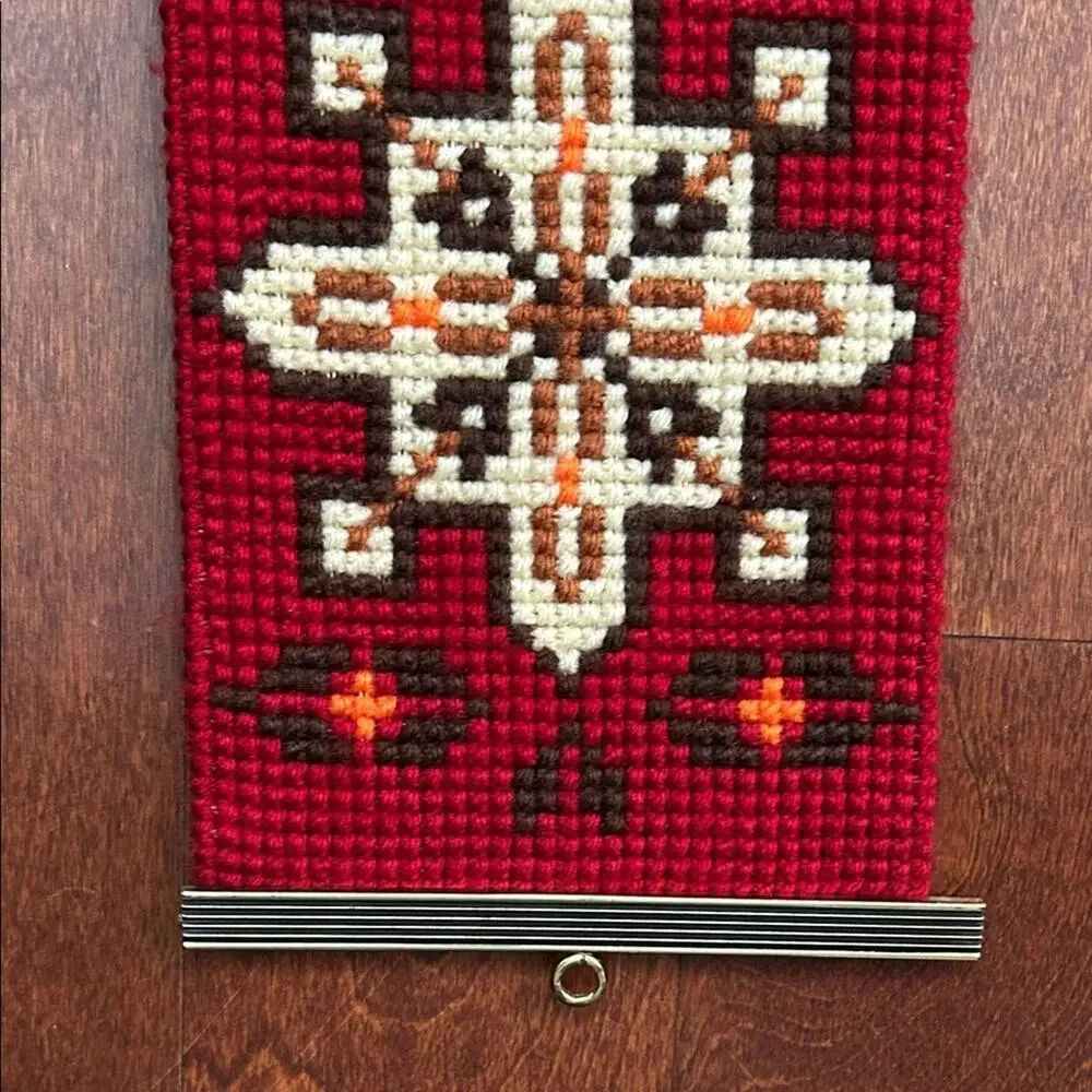 Vintage Bell Pull Red and Cream Needlepoint Wall Hanging, Scandinavian Style